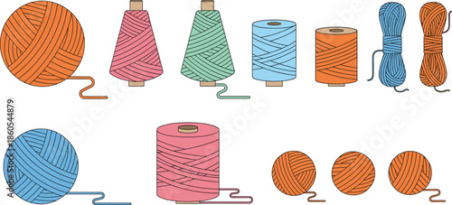 Colorful sewing thread spools and yarn balls collection for knitting embroidery tailor needlework craft and textile workshop hobby flat vector illustration design.