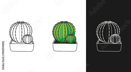 Stylized illustration of a potted cactus with multiple segments, presented in three distinct graphical styles