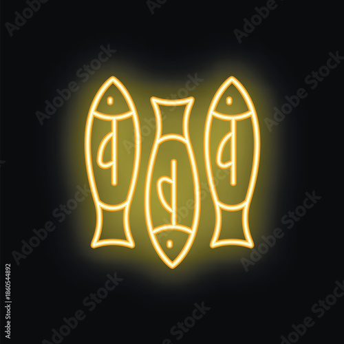 Neon sign of three yellow fish glowing on a black background
