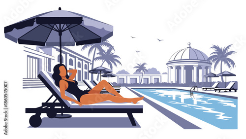 Modern vector illustration of woman relaxing poolside at luxury resort, vacation, leisure, and premium lifestyle concept