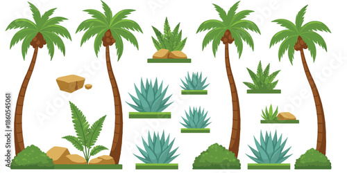 Tropical palm trees and desert succulent plants collection with coconuts agave bushes and rocks for summer beach landscape game design and illustration