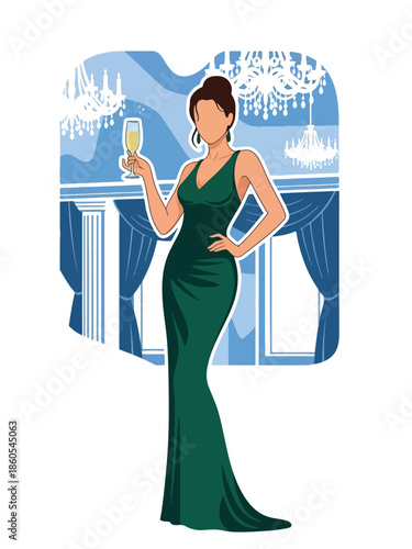 Modern vector illustration of woman holding champagne at exclusive evening event, luxury social life and elegance concept
