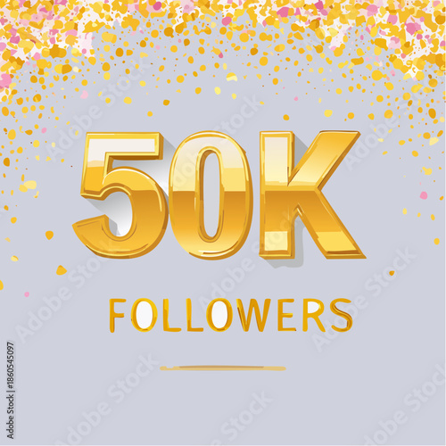 50k followers celebration design with Golden numbers, sparkling confetti and glitters. Realistic 3d festive illustration. Party event decoration. Vector illustration