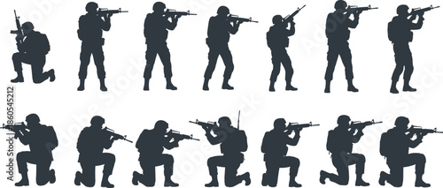 Military Soldier Silhouettes Set Featuring Army Infantry Personnel in Kneeling and Standing Tactical Combat Poses with Assault Rifles for War Design