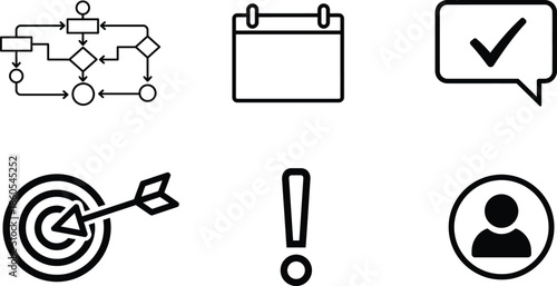 Black and white business and communication icons set including flowchart target calendar and exclamation mark isolated on white background