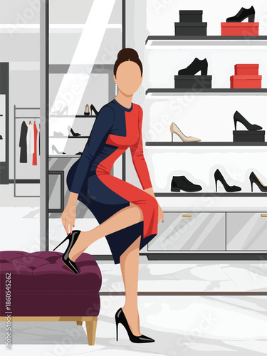 Modern vector illustration of woman trying luxury shoes in fashion store, premium shopping and elegant lifestyle concept