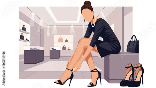 Modern vector illustration of woman trying luxury shoes in fashion store, premium shopping and elegant lifestyle concept