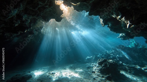 Wallpaper Mural Light beams enter underwater cave creating a view of rock formations and sandy floor in the ocean Torontodigital.ca
