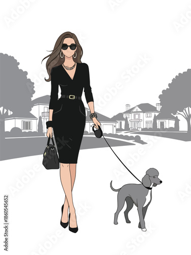 Modern vector illustration of elegant woman walking dog in upscale neighborhood, relaxed luxury daily lifestyle concept