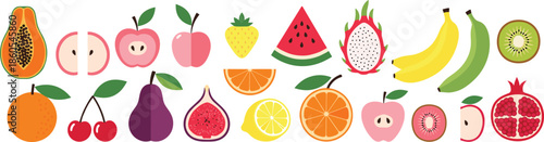 Colorful collection of tropical and summer fruit icons including watermelon banana orange dragonfruit papaya apple and kiwi for healthy food flat design.