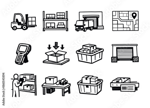 Hand-drawn warehouse logistics icon set with forklift, shelving, delivery truck, barcode scanner, packing boxes, bins, loading dock, and map pin