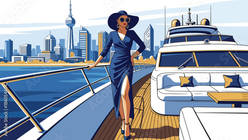 Modern vector illustration of woman enjoying yacht cruise, elite leisure, freedom, and luxury travel lifestyle concept