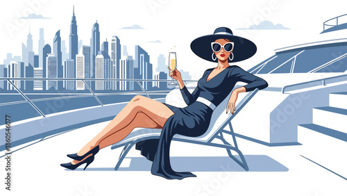 Modern vector illustration of woman enjoying yacht cruise, elite leisure, freedom, and luxury travel lifestyle concept