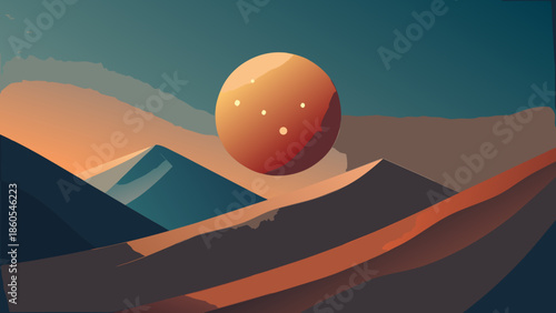 Orange Planet Above Abstract Desert Landscape