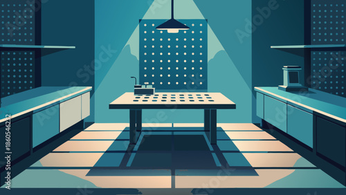 Retro Lab Table Under Overhead Lighting With Dot Matrix Background