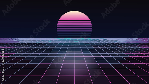 Retro Synthwave Sunset Over Neon Grid Horizon