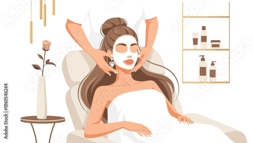 Modern vector illustration of woman receiving beauty treatment in luxury salon, premium beauty care and wellness lifestyle concept