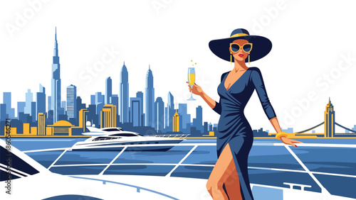 Modern vector illustration of woman enjoying yacht cruise, elite leisure, freedom, and luxury travel lifestyle concept