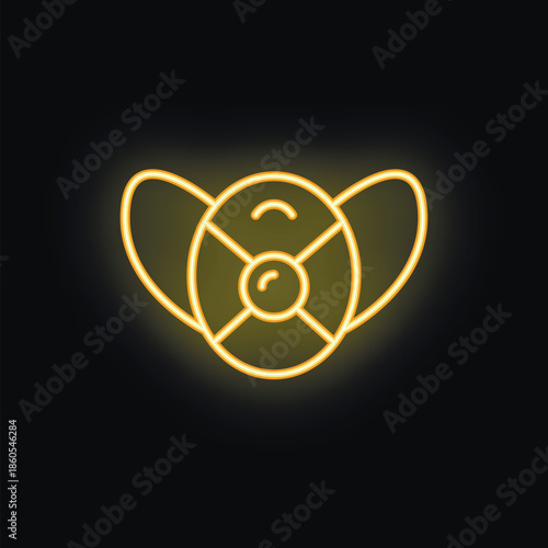 Neon icon of a respirator mask with filters is glowing yellow on a black background