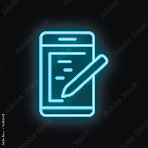 Blue neon sign of a smartphone with blank screen and stylus pen taking notes, isolated on a black background