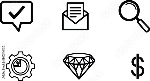 black and white line icons of business and finance symbols  checkmark speech bubble letter magnifying glass gear clock diamond dollar sign