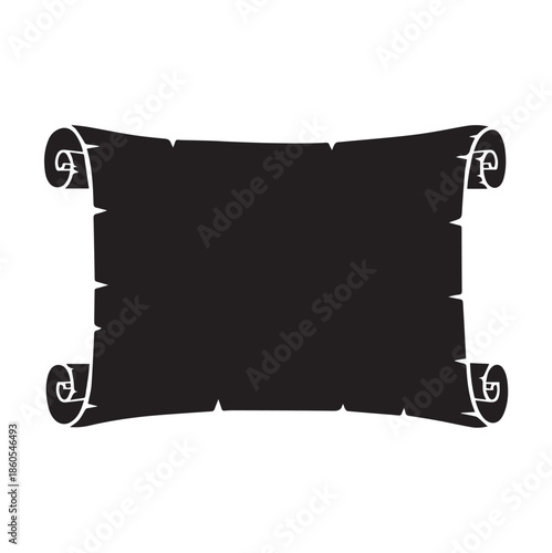 Antique Scroll Silhouette with Curled Corners, Black Minimalist Parchment Paper Template for Pirate Maps, Medieval Messages, and Vintage Graphic Designs