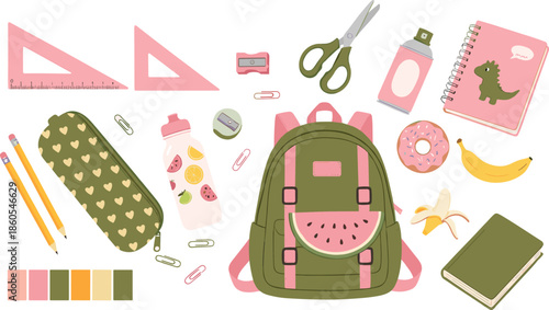 School backpack and stationery collection featuring pencils notebook scissors water bottle and snacks for back to school education and student lifestyle vector.