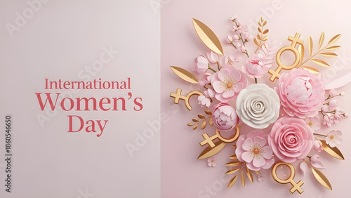 International Women's Day Celebration Graphic with Pink Flowers and Golden Female Symbols on a Soft Pink Background