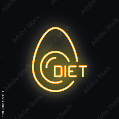 Neon sign of an egg with diet lettering glowing on black background representing healthy eating lifestyle