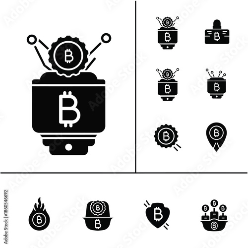 Digital Bitcoin mining technology and cryptocurrency financial network icons set in solid black style