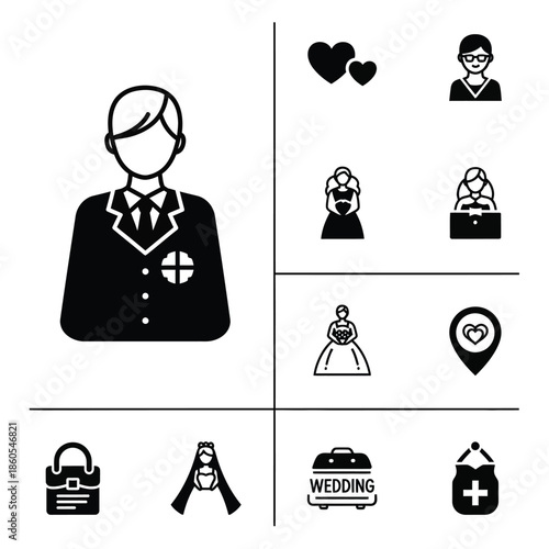 Professional wedding planner avatar and modern marriage ceremony celebration icons set in solid black style