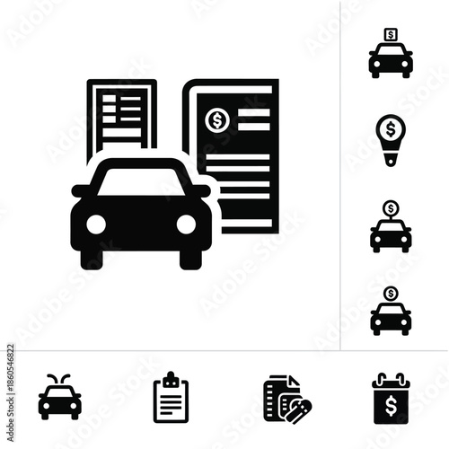 Professional car insurance policy and modern automotive financial service icons set in solid black style