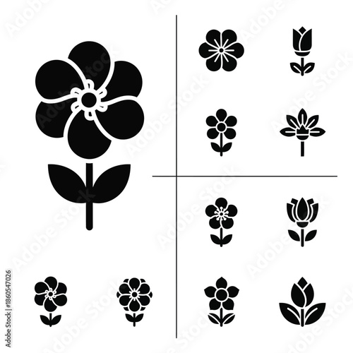 Professional botanical garden flower and modern decorative floral bloom icons set in solid black style