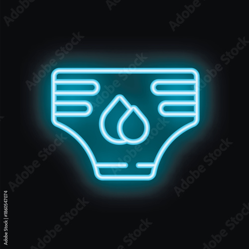 Bright blue neon icon of a diaper with two drops on a dark background