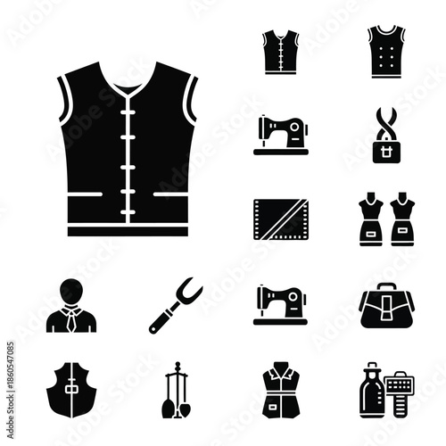 Professional tailoring waistcoat and modern fashion design sewing machine icons set in solid black style