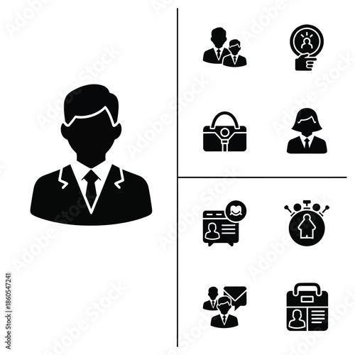 Professional businessman avatar and modern corporate leadership team management icons set in solid black style