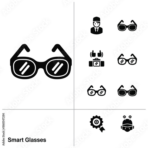 Professional smart glasses and modern wearable technology optics icons set in solid black style