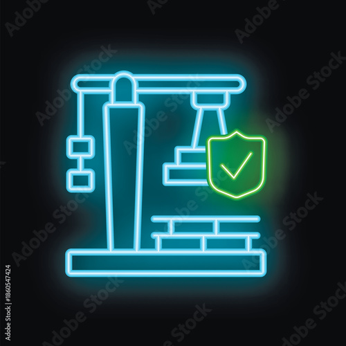 Neon style icon about construction site security and safety for workers with a crane and a shield