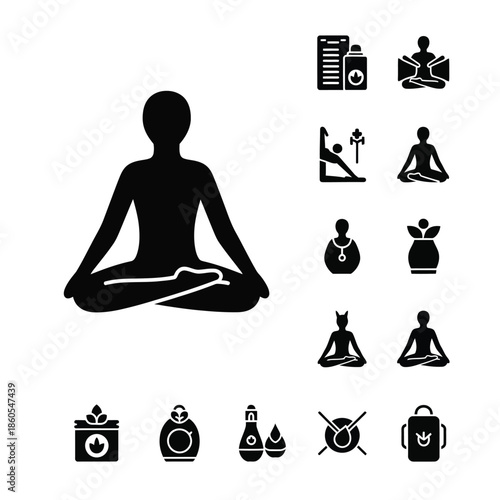 Yoga meditation and holistic wellness lifestyle icons set in solid black style
