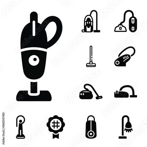 Professional vacuum cleaner and modern household floor cleaning appliance icons set in solid black style