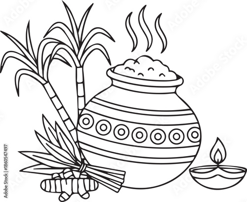 black-and-white line art illustration of a traditional Pongal festival scene