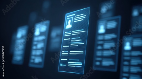 Modern Recruitment Concept with Glowing Resumes and Floating Icons in a Digital Workspace Environment