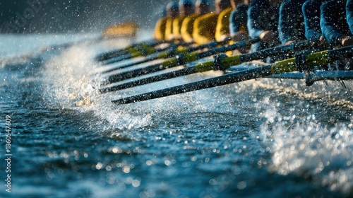 Wallpaper Mural Rowers work together to move a boat through water during training at dawn on a lake Torontodigital.ca