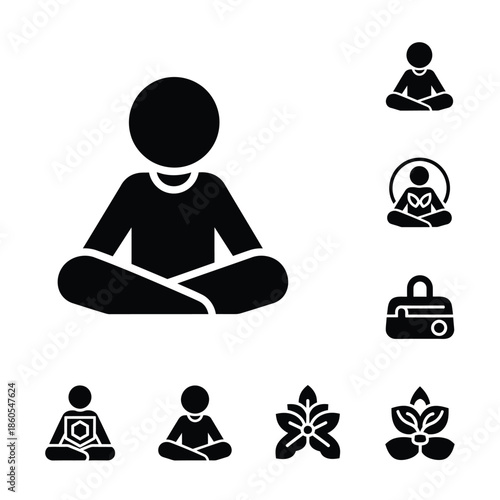 Professional meditation yoga and modern mental wellness lifestyle icons set in solid black style
