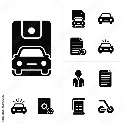 Professional automotive car insurance and modern vehicle administration service icons set in solid black style
