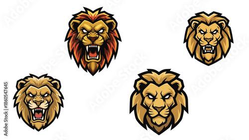 Powerful lion mascot head esports logo style bold symmetrical design aggressive confident expression thick black outlines flat vector solid white background generative ai