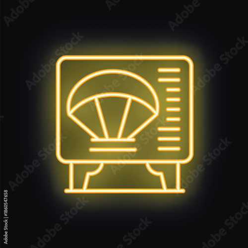 Yellow neon sign representing a parachute on a black background, evoking the concept of extreme sports
