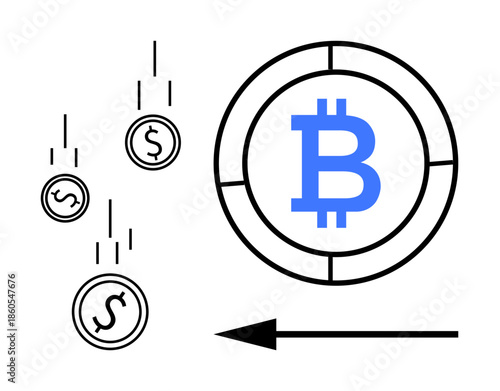 Cryptocurrency concept. Visual ation of Bitcoin and dollar symbols highlighting the transition of digital finance. Cryptocurrency as a futuristic economy tool. For fintech, blockchain, digital
