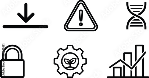 Black line icons of download warning DNA padlock gear graph
