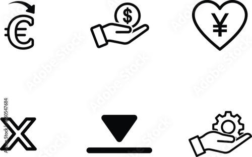 Black line icons of business and finance symbols on white background